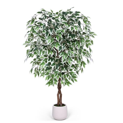 Jocoevol 5FT Artificial Ficus Tree, Tall Faux Trees Indoor with White Planter, Dried Moss, Natural Silk Leaves & Trunk, Fake Plants for Home Living Room Office Corner Decor Housewarming Gift - color: White Border, size: 5ft