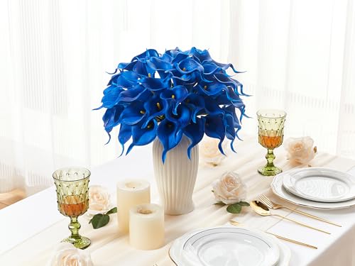 24 Pcs Blue Artificial Calla Lily Flowers Fake Blue Silk Flowers Real Touch for Wedding Bouquet Office Home Kitchen Decor - color: Blue