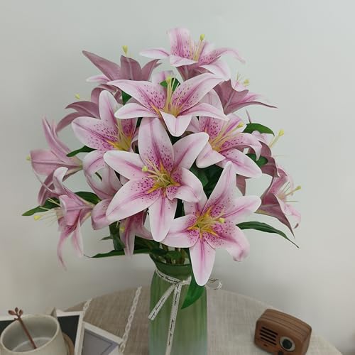 Artificial Purple Lilies Flowers,10Pcs Faux Lily Flower,20''Tiger Lily Branch with 2 Full Blooms , Faux Fake Lilies Plants for Wedding Bouquet Home Party Indoor Floral Arrangements (10, purple) - color: Purple