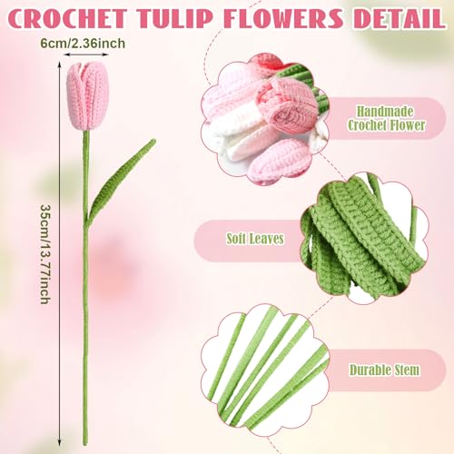 Shihanee 10 Pcs Tulip Crochet Flowers Bouquet Handmade Knitted Flower Decor Birthday Gifts for Mom Mother's Day Women Grandma Spring Home Vase Centerpiece, 13.7"(Pink, White) - color: Pink, White