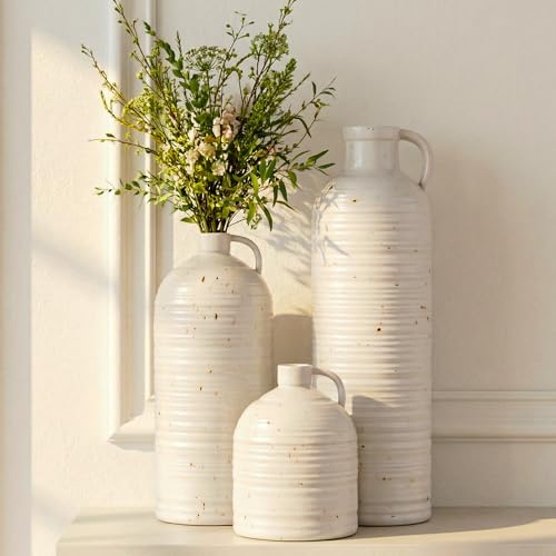 Firehold Ceramic Vase Set of 3, Rustic Farmhouse Boho Vases, Textured Country Home Decor, Small Decorative Vases for Shelves Mantel Table, Gift Set for Dried Pampas Grass & Fresh Flowers (White) - color: 01-white