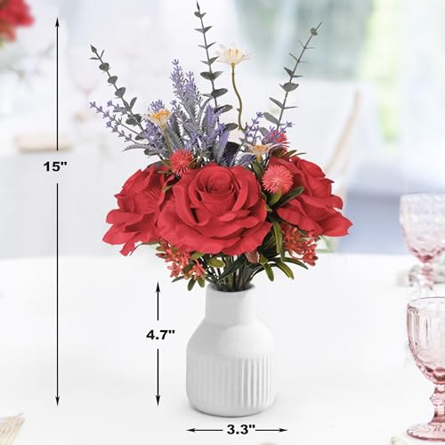 Artificial Flowers in Vase, Silk Roses Flowers Artificial Eucalyptus Lavenders Small Daisies and Fake Plants in White Ceramic Vase, Floral Centerpieces for Tables, Faux Flowers for Coffee Table Décor - color: Red