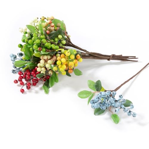 SHACOS 20 PCS Artificial Berry Stems Assorted Mixed Color, Fake Berries Branches Spray with Green Leaves 9.8 inch Small Berry Picks for Floral Crafts Centerpiece Bouquet Filler Home Wedding Decor - color: Mix, size: 20 PCS