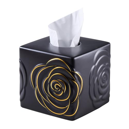 Black Ceramic Cube Tissue Box Cover with Gold Rose – Large Elegant Rose Floral Square Decorative Tissue Box Holder for Bathroom, Bedroom, Office Desk, Kitchen Counter – Perfect Housewarming Gift - color: Black&gold