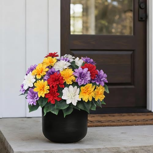 VIERENA 8 Bundles Artificial Dahlia Flowers for Outdoors Spring Summer Decor, No Fade Silk Flower Faux Dahlias Plant Arrangement for Home Garden Balcony Farmhouse（Mixed Color） - color: Mixed Color