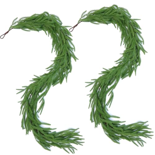 Hananona 2 Pcs 6 Ft Artificial Norfolk Pine Garlands, Real Touch Winter Pine Garland, Green Artificial Greenery Garland for Table, Mantle, Wall, Indoor, Outdoor Christmas Decorations (2, 6 FT) - size: 6 ft