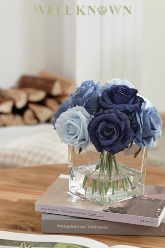 WELL KNOWN Rose Artificial Flowers in Vase with Faux Water, Silk Rose Table Centerpieces for Home Coffee Table Decor, Fake Roses Flower Arrangements for Office Hotel Lavatory Decor (Blue) - color: Blue