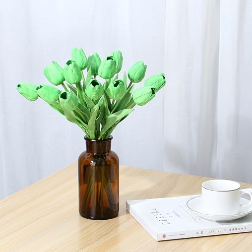 SITUMEIZI 15pcs Green Tulips Fake Artificial Flowers Real Touch 14" PU Flower for St Patricks Day Home Decor Easter Spring Wedding Bouquet Decorations Mother's Gift Day Floral Arrangements - color: Green#