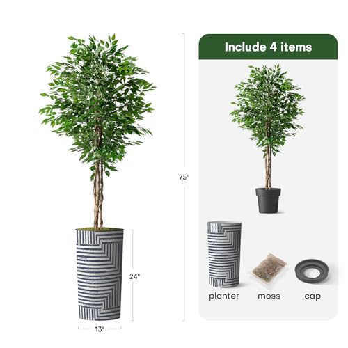 Artificial Tree in Modern Geometric Pattern Planter, Fake Ficus Silk Tree for Indoor and Outdoor Home Decoration - 75" Overall Tall (Plant Pot Plus Tree) - style: Ficus Tree