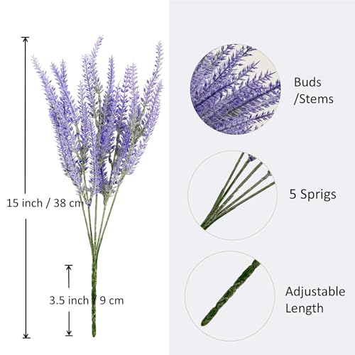 6 Bundles Artificial Lavender Stems, Purple Faux Flowers, 15-inch Decorative Floral Spray Faux Flower Bouquet
