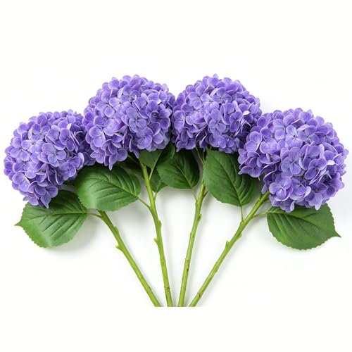 4 Pcs Faux Hydrangeas Real Touch Hydrangea Artificial Flowers Latex Large Fake Flower Long Stems for Wedding Home Party Table Centerpieces Decor (Purple) - color: Purple