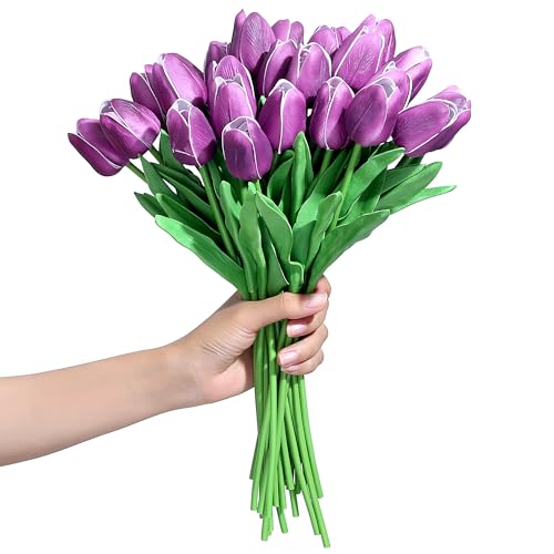 SITUMEIZI 15pcs Purple Tulips Fake Artificial Flowers Real Touch 14" PU Flower for Home Decor Spring Easter Wedding Bouquet Decorations Floral Arrangements# - color: Purple