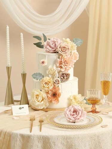 Artificial Flowers Combo Champagne Fake Roses Silk Flowers with Stems for DIY Wedding Bridal Bouquets Floral Arrangement Table Centerpieces Cake Birthday Baby Shower Anniversary Home Decor - color: Beige & Champagne