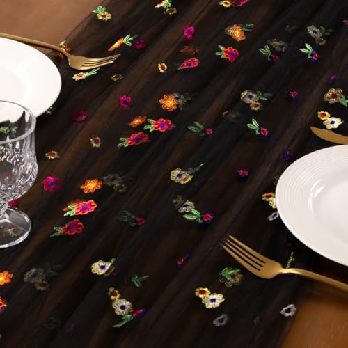 Socomi Flower Table Runner Summer Daisy Floral Tulle Gauze Cheesecloth Embroidery Table Runners for Tea Party Garden Wedding Bridal Baby Shower Birthday Picnic Decor Black 1pc - color: Daisy Black, size: 10ft X 1pc