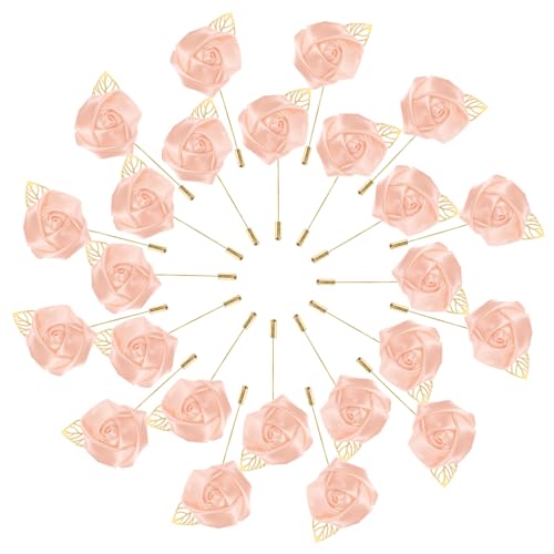 M METERXITY 48-Pack Flower Lapel Pins for Men, Golden Leaf Rose Boutonnieres Pin Groom Boutonnieres for Wedding/Dance/Party, Men Lapel Pins for Suits Satin Flower Corsage [Snow Pink] - color: Snow Pink