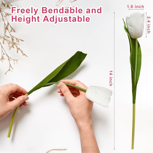 10 Stems Artificial Tulips Bouquet 14" Fake Tulips Flowers Realistic Faux Flowers for Wedding Home Party Decor Spring Decor Valentine's Day and Easter Decorations(White) - color: White