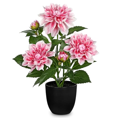 GnFlus Artificial Plants & Flowers in Pot Pink Dahlia Artificial Flowers Potted Plant Faux Silk Flower with Pot Fake Flower for Home Bathroom Table Centerpieces Wedding Shelf Desk Decor 16.5 Inch - color: Pink-16.5