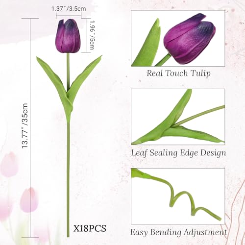 Beferr 18pcs Tulips Artificial Flowers Faux Tulip Real Touch Tulip Fake Flowers Bouquets Arrangements for Mothers Day Spring Easter Wedding Home Table Decor Dark Purple - color: L-18pcs-1colors-dpurple, size: 18PCS