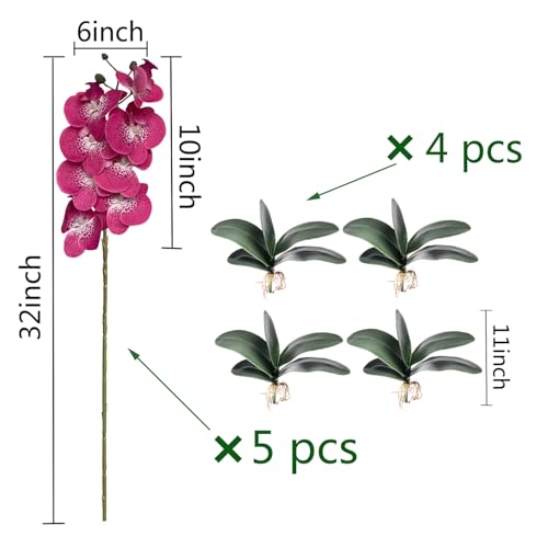 HinyoCo 5 Pcs Artificial Orchid Flowers and 4 Bundles Leaves, Artificial Phalaenopsis Flowers 32 Inch Stem Plants for Home Wedding Decoration (Rose red Spots) - color: Rose Red Spots