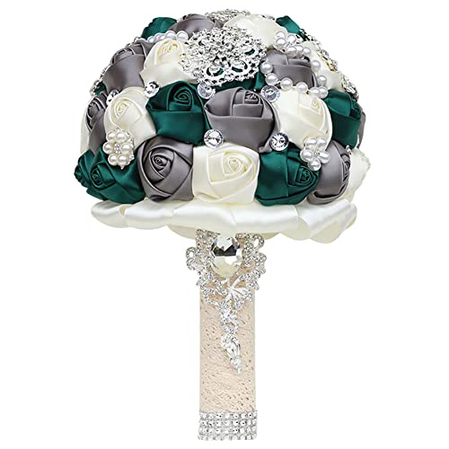Sharebeauty 7.9 Inch Handmade Satin Rose Bridal Bouquet Toss Round Wedding Bouquet Throw Toss Artificial Flower Bunch Deep Green + Dark Grey + Ivory - color: W3217d06 Deep Green/Dark Grey/Ivory