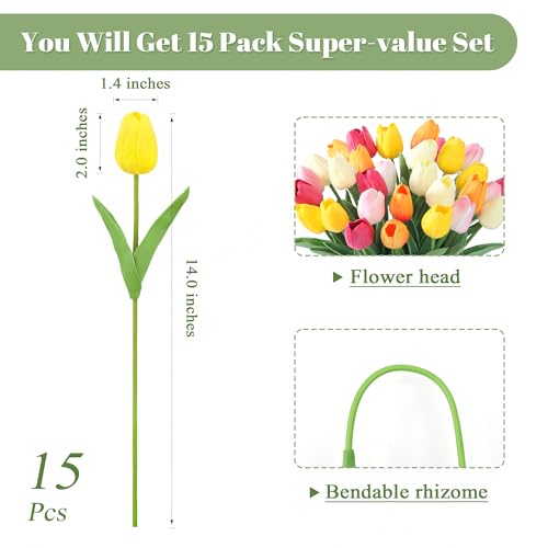 SITUMEIZI Fake Flowers Tulips Artificial PU Flower 15pcs Real Touch 14" for Spring Easter Home Kitchen Wedding Bouquet Bulk Mother's Gift Day Decorations(Multicolor,5-1) - color: Rose Red,sunset Red,beige,light Pink,yellow