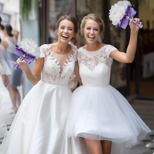 Wedding Bouquets for Bride, Bridal Flowers for Wedding, Bride Bridesmaid Hand Flowers Bridal Bouquet Crystal Diamond Silk Roses, Artificial Flowers Bouquet for Church Wedding Party (Purple) - color: Purple