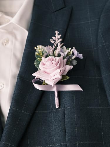 White Rose Wrist Corsage and Boutonniere Set with Ribbon Ties Wedding Prom Formal Accessories (Purple Ribbon) - color: Purple Ribbon