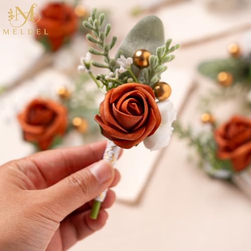 Burnt Orange Faux Foam Rose Boutonnieres for Men Wedding 6Pcs | Artificial Foam Rose Boutonnieres for Wedding Prom Groom Groomsman Ceremony Anniversary Party Suit Decoration Homecoming - color: 6pcs Orange Boutonnieres