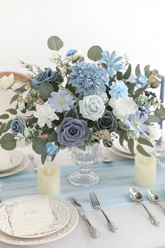 rongflower Blue Artificial Flowers Combo Set Fake Flower Leaf Box with Stemst for DIY Wedding Bridal Bouquet, Centerpieces, Home Decor, Floral Arrangement Decor(Blue) - color: Blue