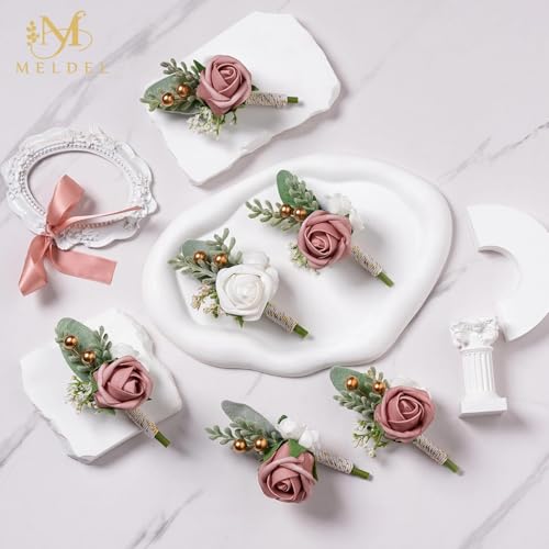 6Pcs Dusty Pink and White Faux Rose Men Boutonnieres for Wedding | Artificial Foam Rose Boutonnieres for Wedding Prom Groom Groomsmen Homecoming Party Suit Decoration - color: 1 White & 5 Pink
