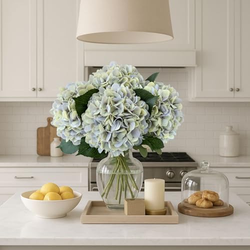 ZYTUYO 3PCS Green Purple Hydrangea Artificial Flowers 20" Large Fake Latex Real Touch Hydrangeas Flowers with Stems Faux Silk Bouquet for Indoor Home Decor Table Wedding Party Floral Outdoor - color: Green Purple