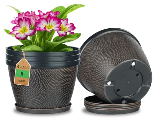 Quarut 4 Pack 8 Inch Flower Pots for Outdoor Indoor, Plastic Plant Pots with Drainage Hole & Saucer, Lightweight Small Flower Pot, Circle Pattern Planters for Garden House planters（Brown） - color: Circular Pattern-brown, size: 8 inch-4 Pack