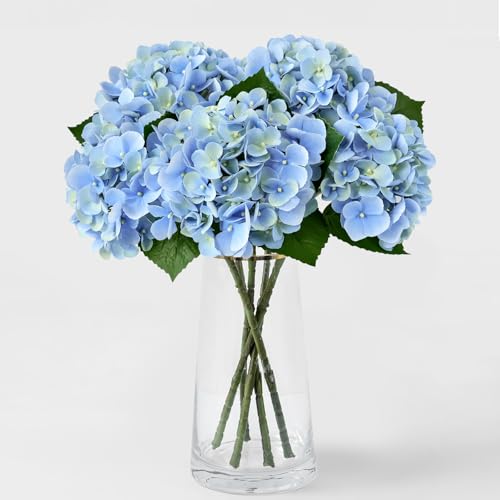 ZYTUYO 5PCS Blue Hydrangea Artificial Flowers Small Fake Latex Real Touch Hydrangeas Flowers with Stems Faux Silk Bouquet for Home Decor Table Wedding Party Outdoor Centerpieces - color: Light Blue