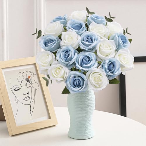20PCS Artificial Roses with Long Stems - Realistic Silk Flowers, Fake Roses Real Touch Bouquet Roses for Home Decor, Bridal Wedding Table Centerpieces, Faux Rose Flowers (White&Sky Blue) - color: White&sky Blue, size: 20 PCS