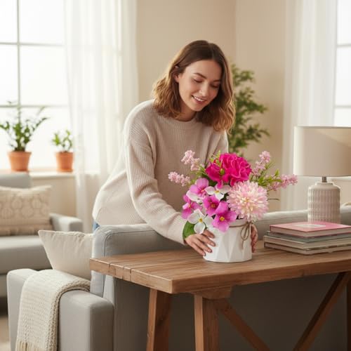 2 Potted Red Hydrangea Artificial Flowers Bathroom Decorations，Faux Silk Chrysanthemum Floral Hydrangea Plant Small Fake Flower Bouquet Coffee Table Decor for Living Room Home Kitchen Office - color: Red