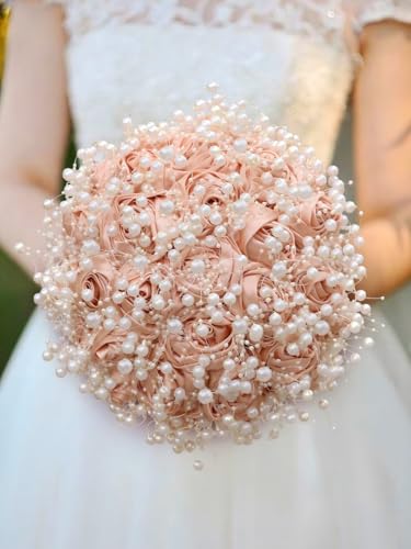 Small Bridal Wedding Bouquet Handmade with Luxury Pearl Lace Ribbon Satin Rose Flower Bouquet for Bridesmaid Bride Toss Wedding Peach Pink 6.3in - color: Peach Pink, size: Small (DIA. 6.3"/16cm)