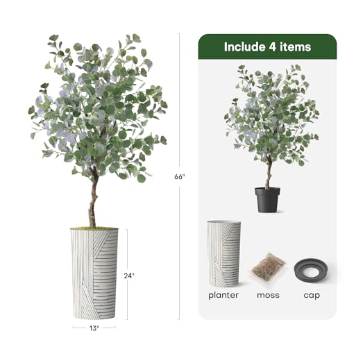 Artificial Tree in Geometric Pattern Planter, Fake Eucalyptus Silk Tree for Indoor and Outdoor Home Decoration - 66" Overall Tall (Plant Pot Plus Tree) - style: Eucalyptus Tree