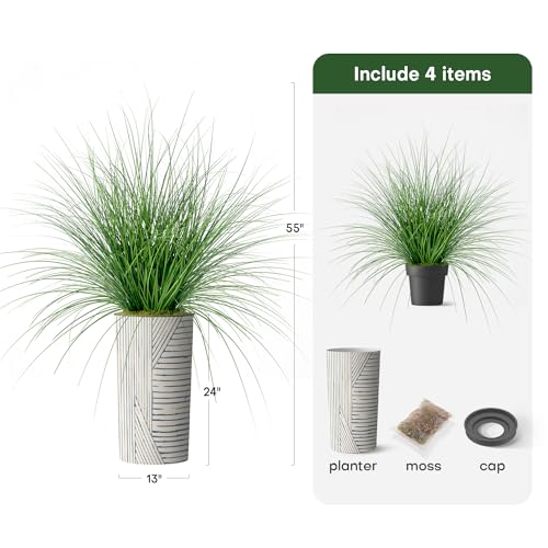 Artificial Tree in Geometric Pattern Planter, Fake Onion Grass Silk Tree for Indoor and Outdoor Home Decoration - 55" Overall Tall (Plant Pot Plus Tree) - style: Onion Grass