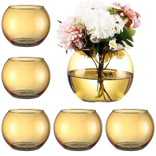 Round Glass Vases Set of 6, Amber Flower Vases for Centerpieces, Glass Bowl Vase, Small Round Vase for Living Room, Bedroom, Kitchen, Dining Table, Office, Wedding, 4 Inches - color: Amber, size: 4”