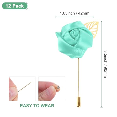 M METERXITY 12-Pack Flower Lapel Pins for Men, Golden Leaf Rose Boutonnieres Pin for Wedding/Dance/Party, Mens Lapel Pins for Suits Satin Flower Corsage Hat Pins [Light Green] - color: Light Green