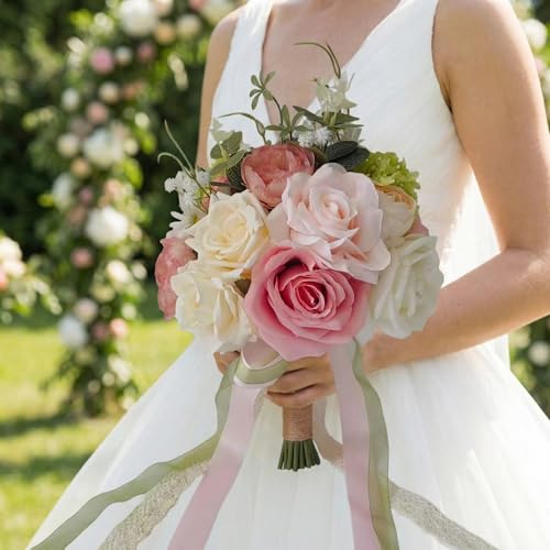 Wedding Bouquets for Bride, Light Pink and Green Bridal Bouquet | Realistic Silk Rose for Rustic Boho Church Ceremony, Proposal, Thanksgiving, Wedding Decor - color: Pink and Green
