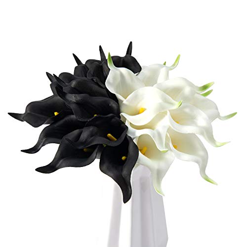 Crafjie 22pcs 13.4 Inch Lataex Real Touch Artificial Calla Lily Flowers, for Home Decor for Spring Flowers, Home Kitchen, Wedding Decorations, and centerpieces.（White and Black） - color: White and Black