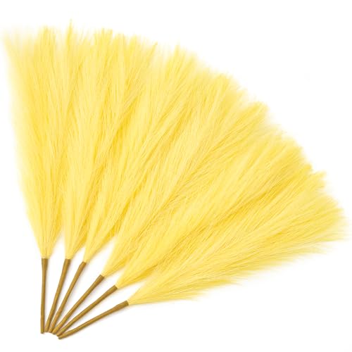 Serwalin 6PCS Pampas Grass Decor, 17.7Inch Light Yellow Artificial Pampas Grass Fluffy Fake Pompas Vase Filler Flower Arrangement for Home Wedding Decor - color: A Bright Light Yellow, size: 17 Inch 6 Pcs