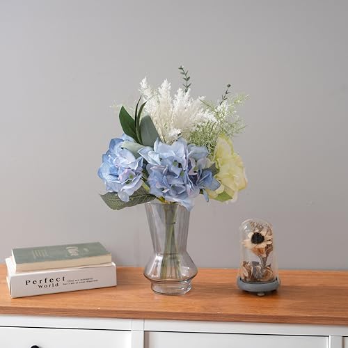 LUEUR Artificial Blue Hydrangea Flowers in Vase Centerpiece – Coastal Style Faux Floral Arrangement for Coffee Table, Dining Room, Living Room, Bathroom & Beach House Home Decor - color: Green & Yellow