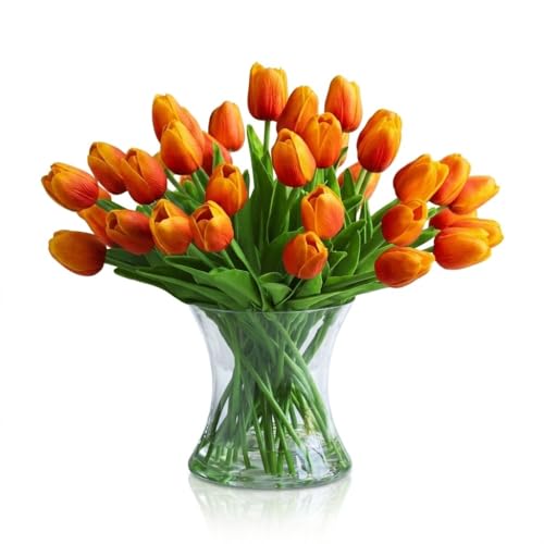 Real Touch Artificial Tulips with Glass Vase and Acrylic Water, 40 Pcs Fake Tulip Flowers Bouquet for Home Office Decor, Silk Flowers Arrangements for Dining Table Wedding Centerpiece (Orange) - color: Orange