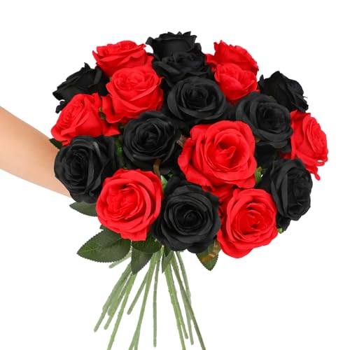 Tifuly Roses Artificial Flowers - 12 pcs Realistic Long Stem Fake Roses Mashup Style Silk Roses for DIY Bouquets Wedding Centerpieces Arrangements Home Party Decor(Black & Red) - color: Black & Red