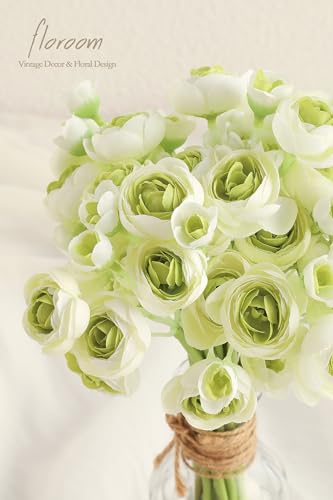 Floroom Ranunculus Artificial Flowers 18 Pcs Green Faux Silk Mini Ranunculus Bulk Fake Wedding Filler Flowers for DIY Bouquets, Centerpieces, Bridal Shower Decorations & Arrangements - color: Green