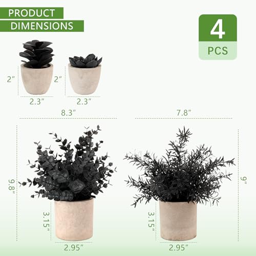 ALAGIRLS 4 Packs Fake Plants Small Artificial Plants Indoor Black Eucalyptus Rosemary Succulents Plants Potted Faux Plants for Home Indoor Office Bathroom Living Room Decor - color: Black-4pc
