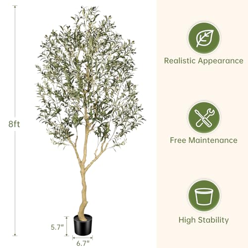 Realead 8ft Faux Olive Tree - Tall Artificial Olive Tree Indoor with Large Olive Branches and Realistic Leaves - Large Fake Olive Tree for Home Office Living Room Decor - size: 8ft
