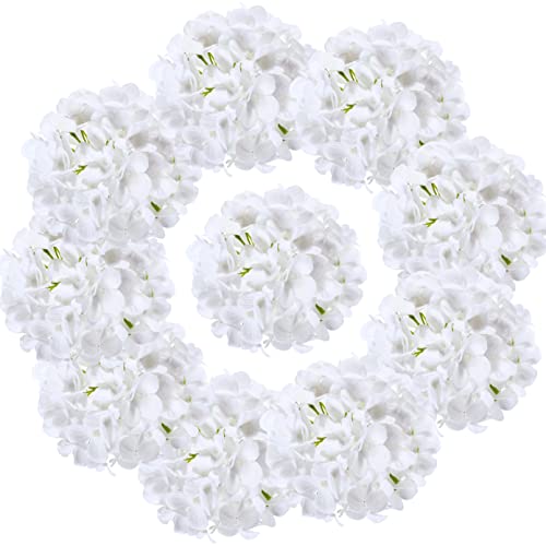Silk Hydrangea Heads with Stems Artificial Flowers Heads for Home Wedding Decor,Pack of 10 (White) - color: White